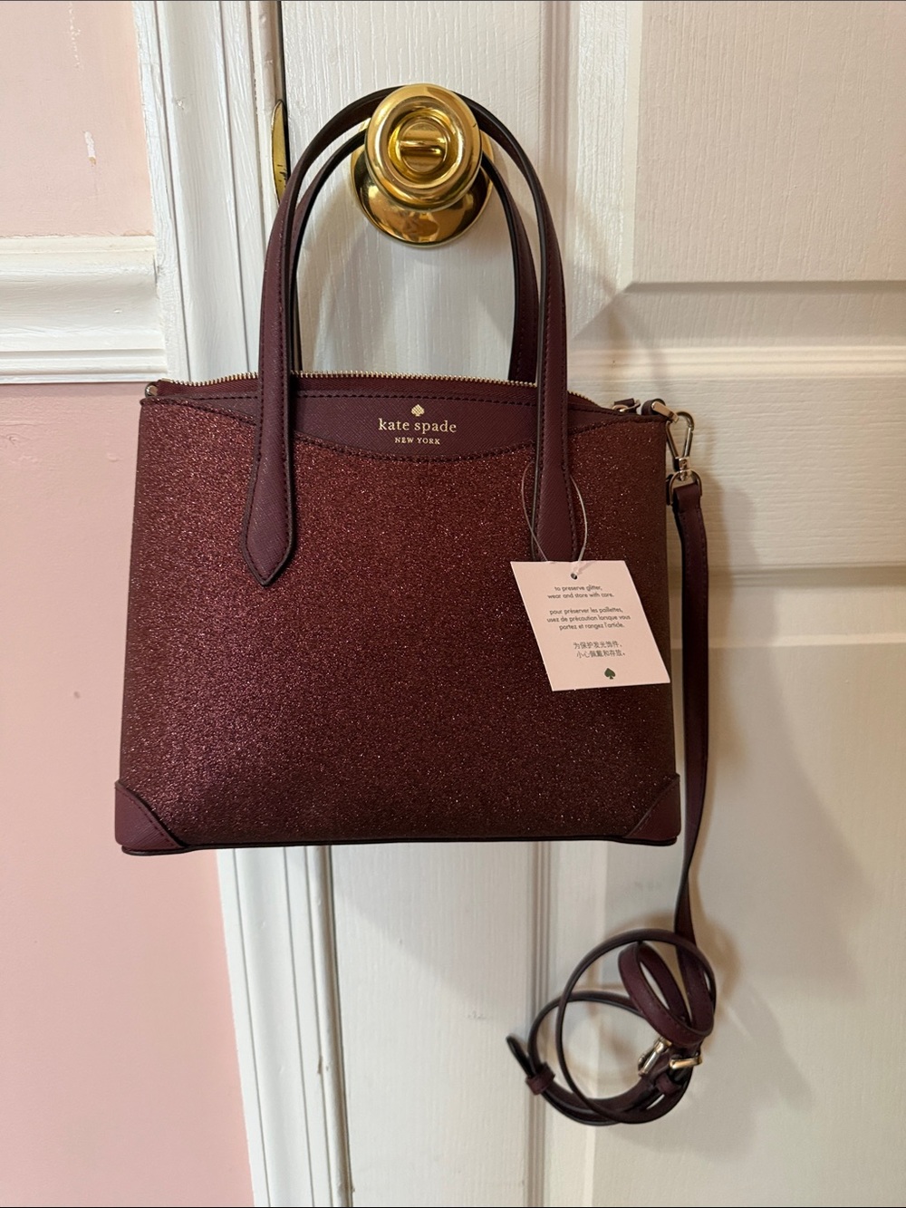 kate spade glitter satchel in burgundy